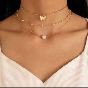 Three Layer Gold Butterfly Necklace